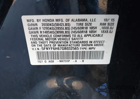 2016 Honda Pilot Ex-L from USA, damaged, VIN 5FNYF6H67GB032565